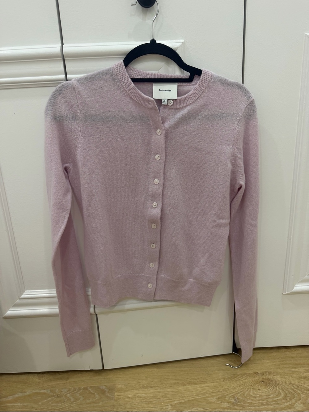 Reformation Light Pink Crewneck Button Cardigan